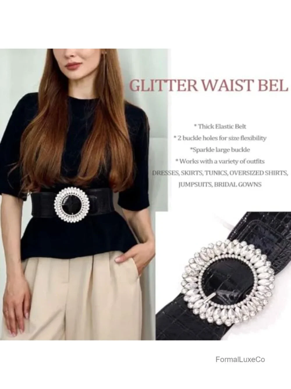 Rhinestone Thick Elastic Waist Belt for Dresses Faux Leather